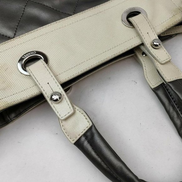 CHANEL Biarritz Paris Metallic Quilted Coated C Gray Beige Leather Canvas Tote - Picture 9 of 13